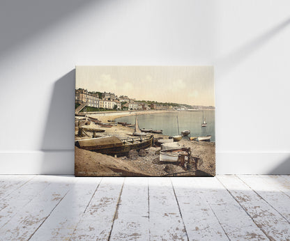 A picture of Boating beach, Dawlish, England, a mockup of the print leaning against a wall