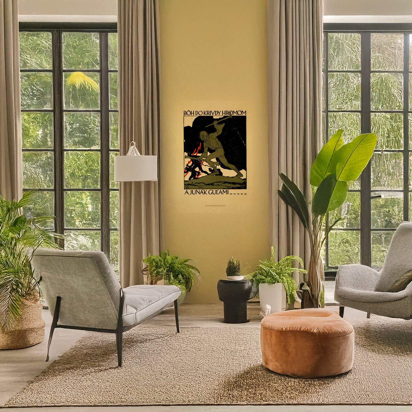A picture of Bǒh do krivdy hromom a junák gulámi..., a mockup of the print leaning against a wall