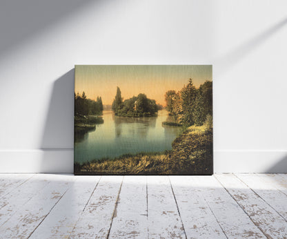 A picture of Bois du Boulougne (i.e., Boulogne), the lake, Paris, France, a mockup of the print leaning against a wall