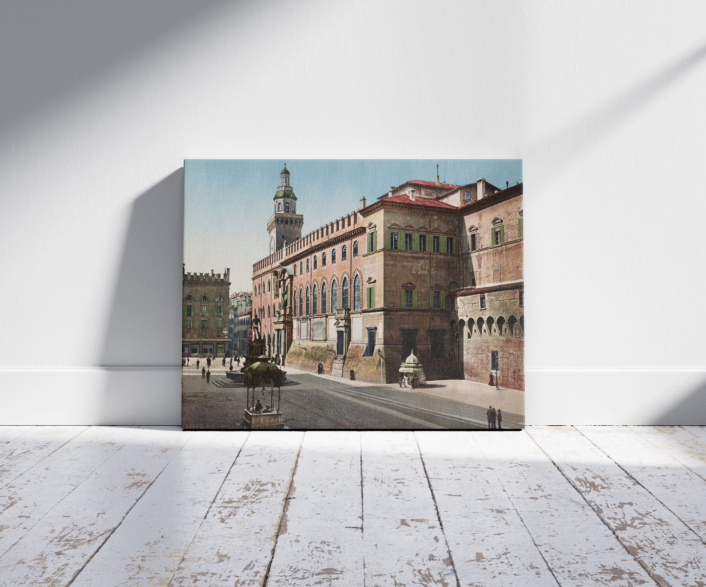 A picture of Bologna. Municipio, a mockup of the print leaning against a wall