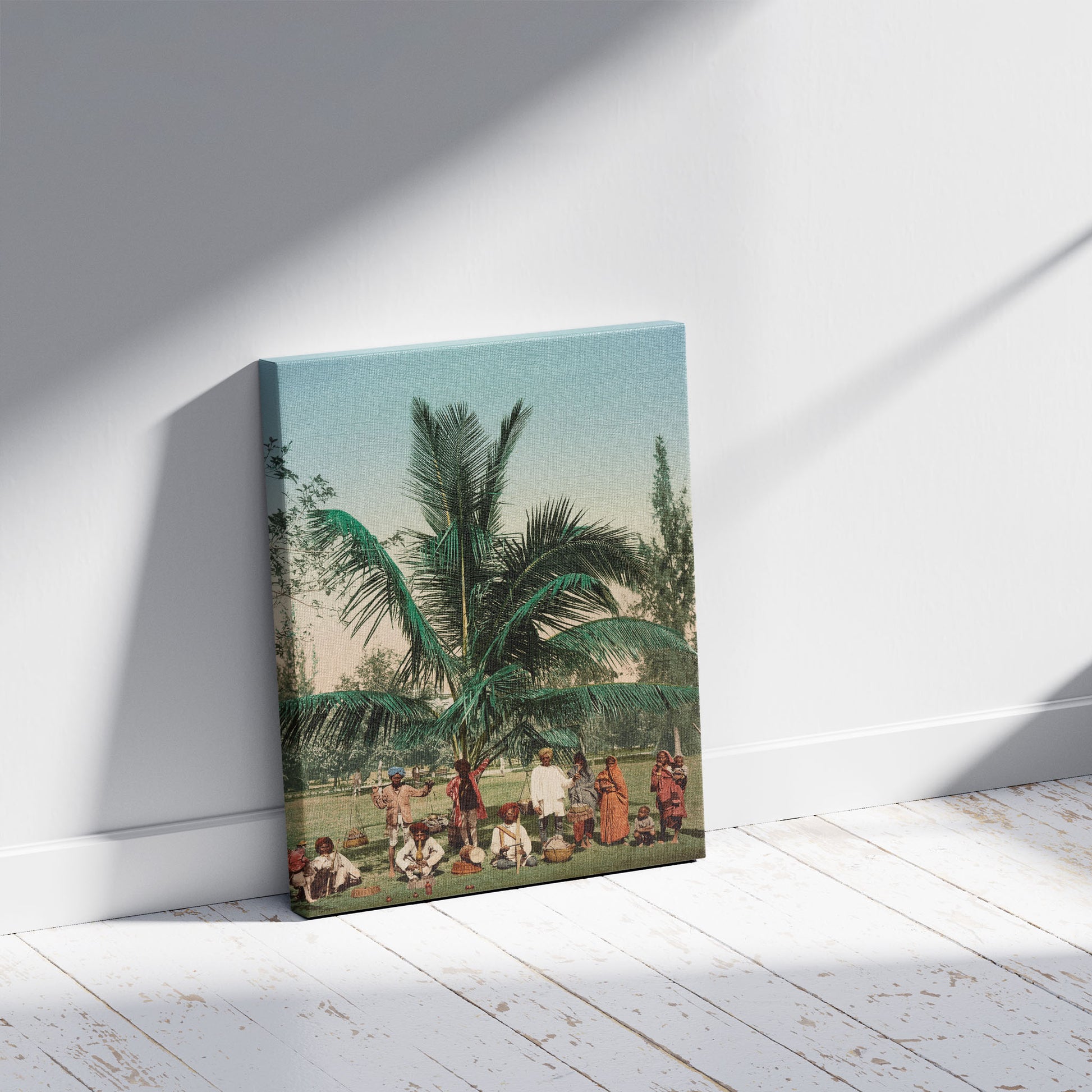 A picture of Bombay. Palm-tree in the university garden, a mockup of the print leaning against a wall