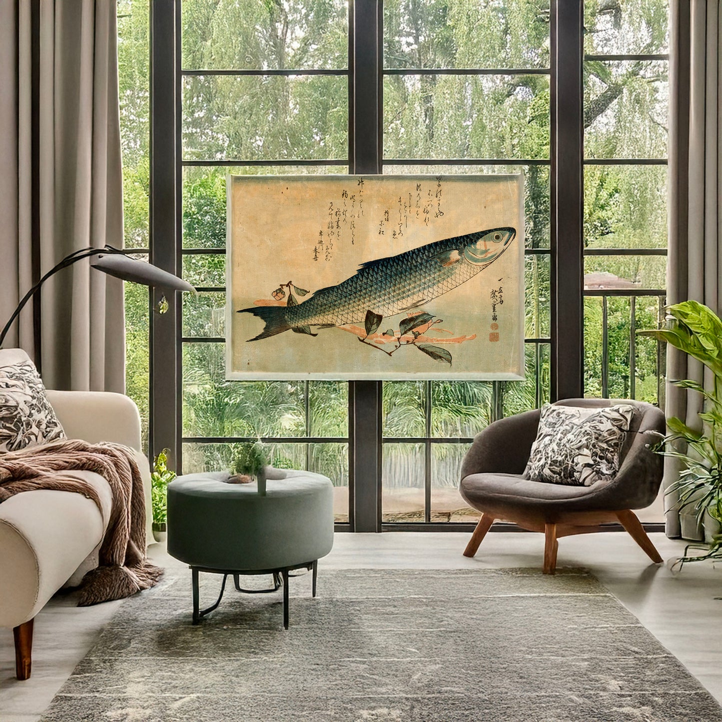 A picture of Bora zu, a mockup of the print leaning against a wall