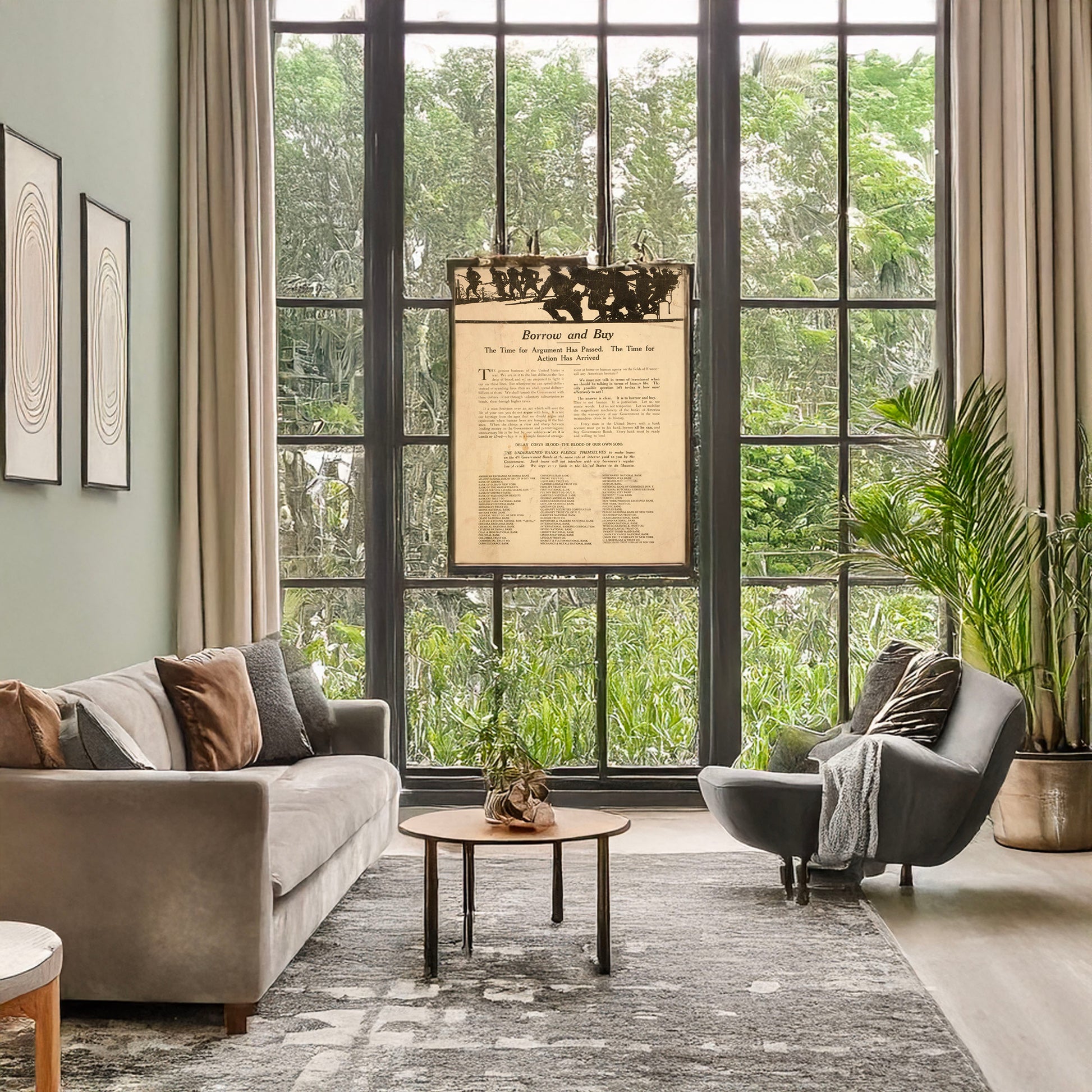 A picture of Borrow and buy The time for argument has passed--The time for action has arrived., a mockup of the print leaning against a wall
