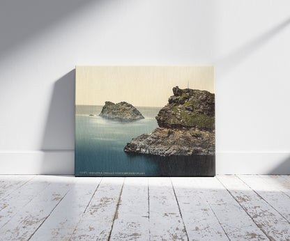 A picture of Boscastle, Penally Point and Mechard Island, Cornwall, England, a mockup of the print leaning against a wall