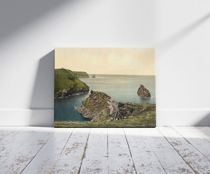 A picture of Boscastle, view of coast from coast guard's station, Cornwall, England, a mockup of the print leaning against a wall