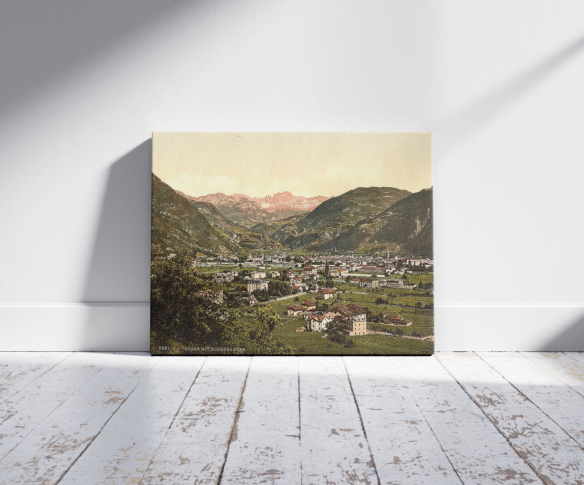 A picture of Bosen and Rosengarten, Tyrol, Austro-Hungary, a mockup of the print leaning against a wall