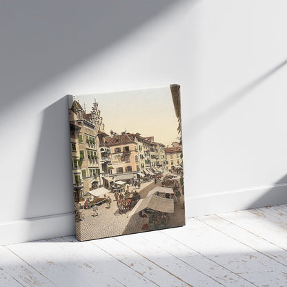 A picture of Bosen Torgglhaus and fruit market, Tyrol, Austro-Hungary, a mockup of the print leaning against a wall