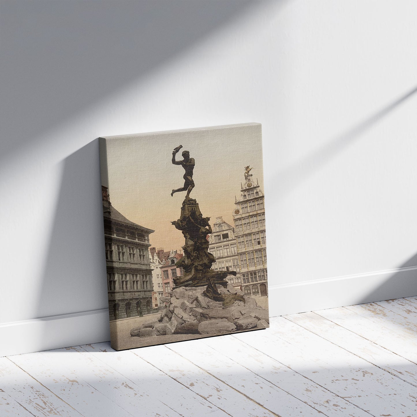 A picture of Brabo monument, Antwerp, Belgium, a mockup of the print leaning against a wall