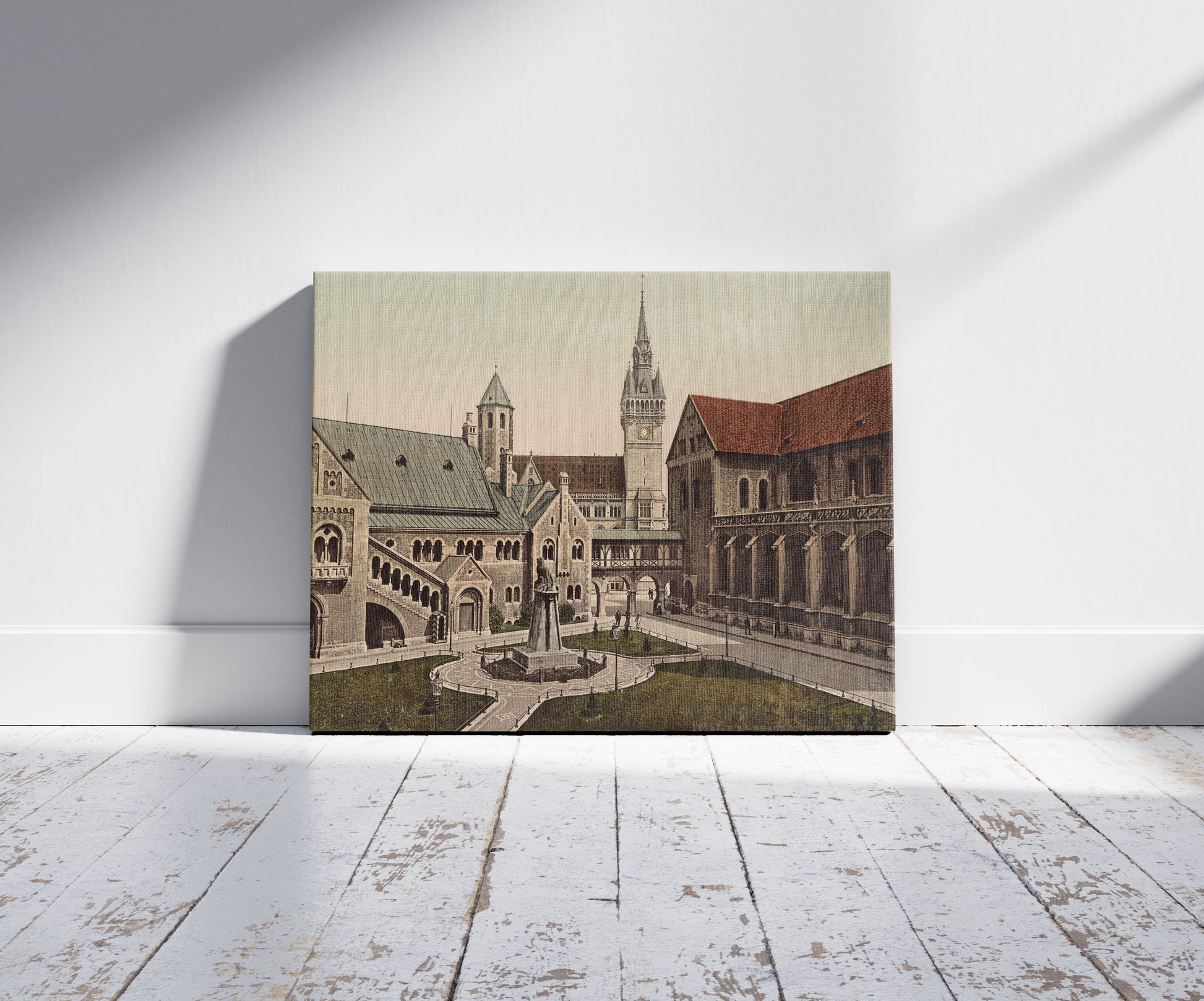 A picture of Braunschweig. Burgplatz, a mockup of the print leaning against a wall