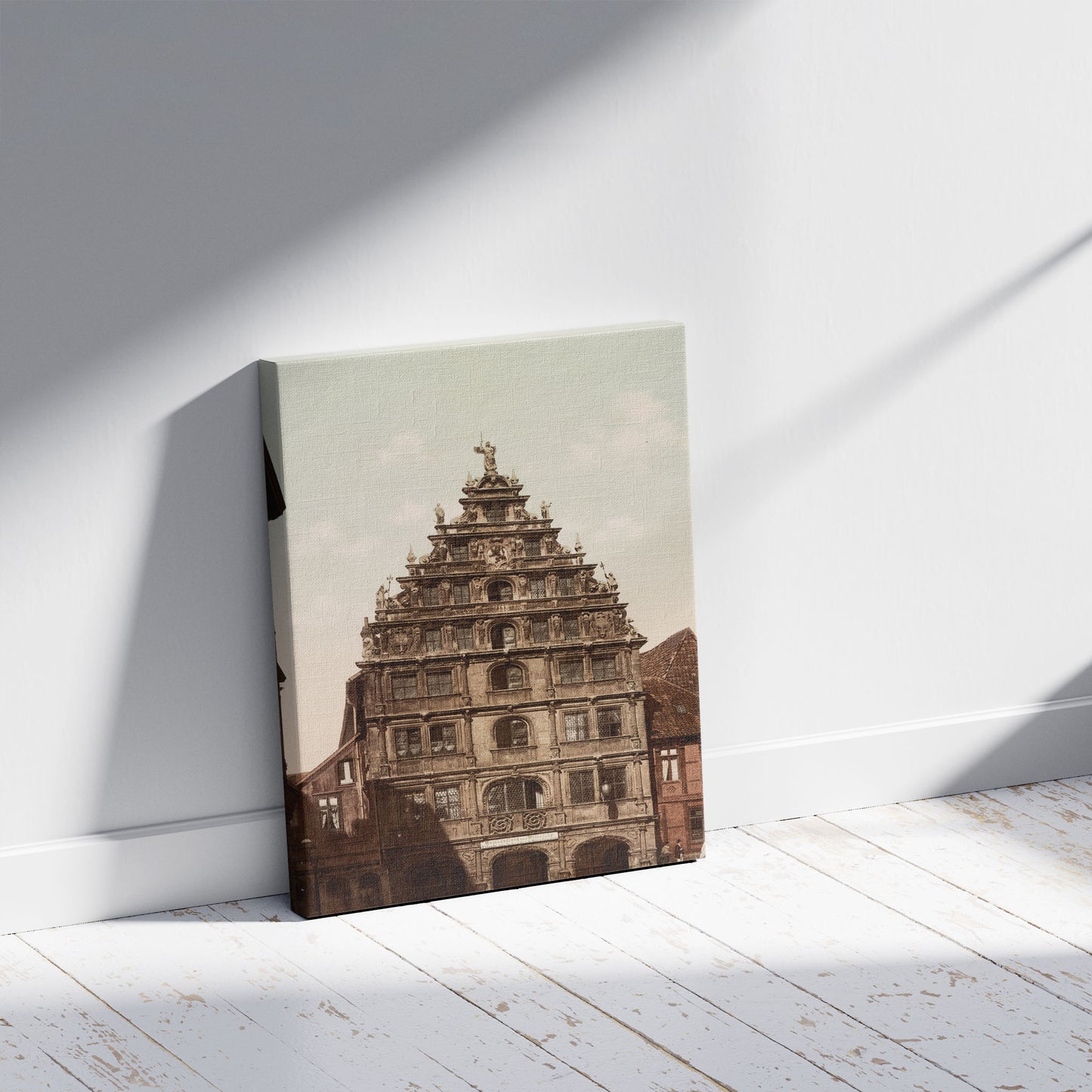 A picture of Braunschweig. Gewandhaus, a mockup of the print leaning against a wall
