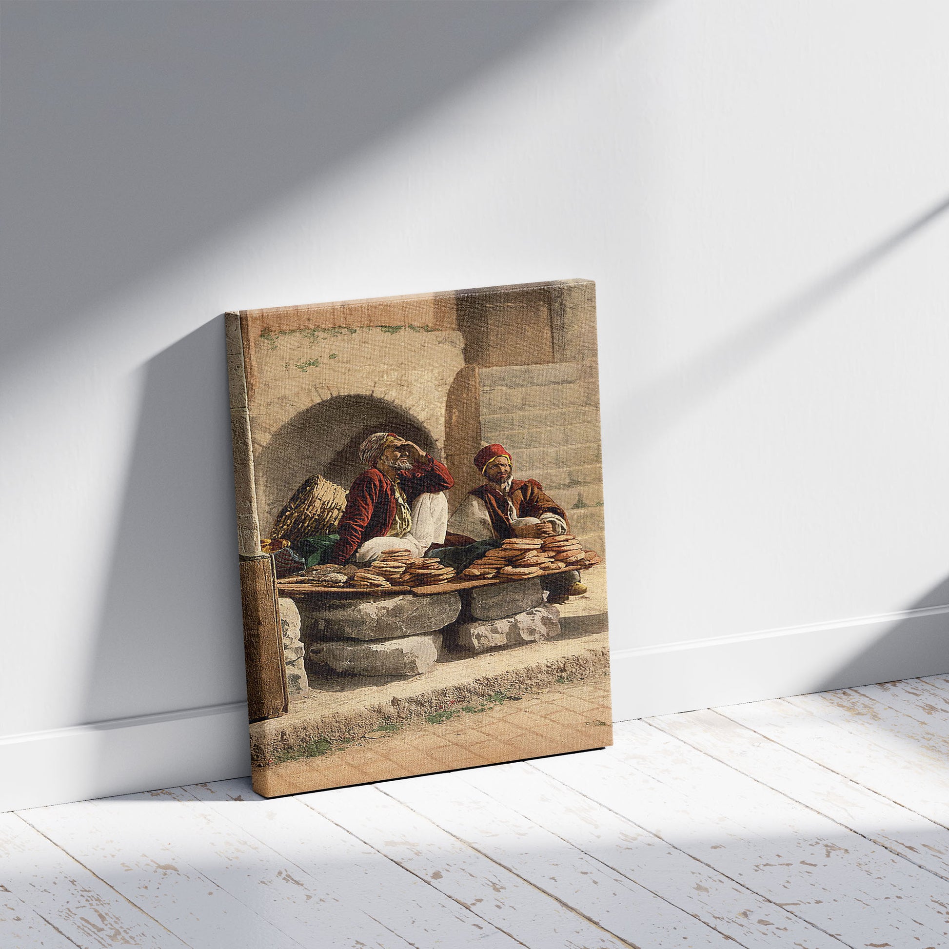 A picture of Bread seller of Jerusalem, Holy Land, a mockup of the print leaning against a wall