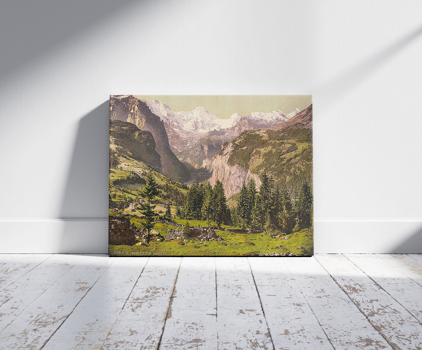 A picture of Breithorn from Wengen, Bernese Oberland, Switzerland, a mockup of the print leaning against a wall