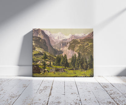 A picture of Breithorn from Wengen, Bernese Oberland, Switzerland, a mockup of the print leaning against a wall