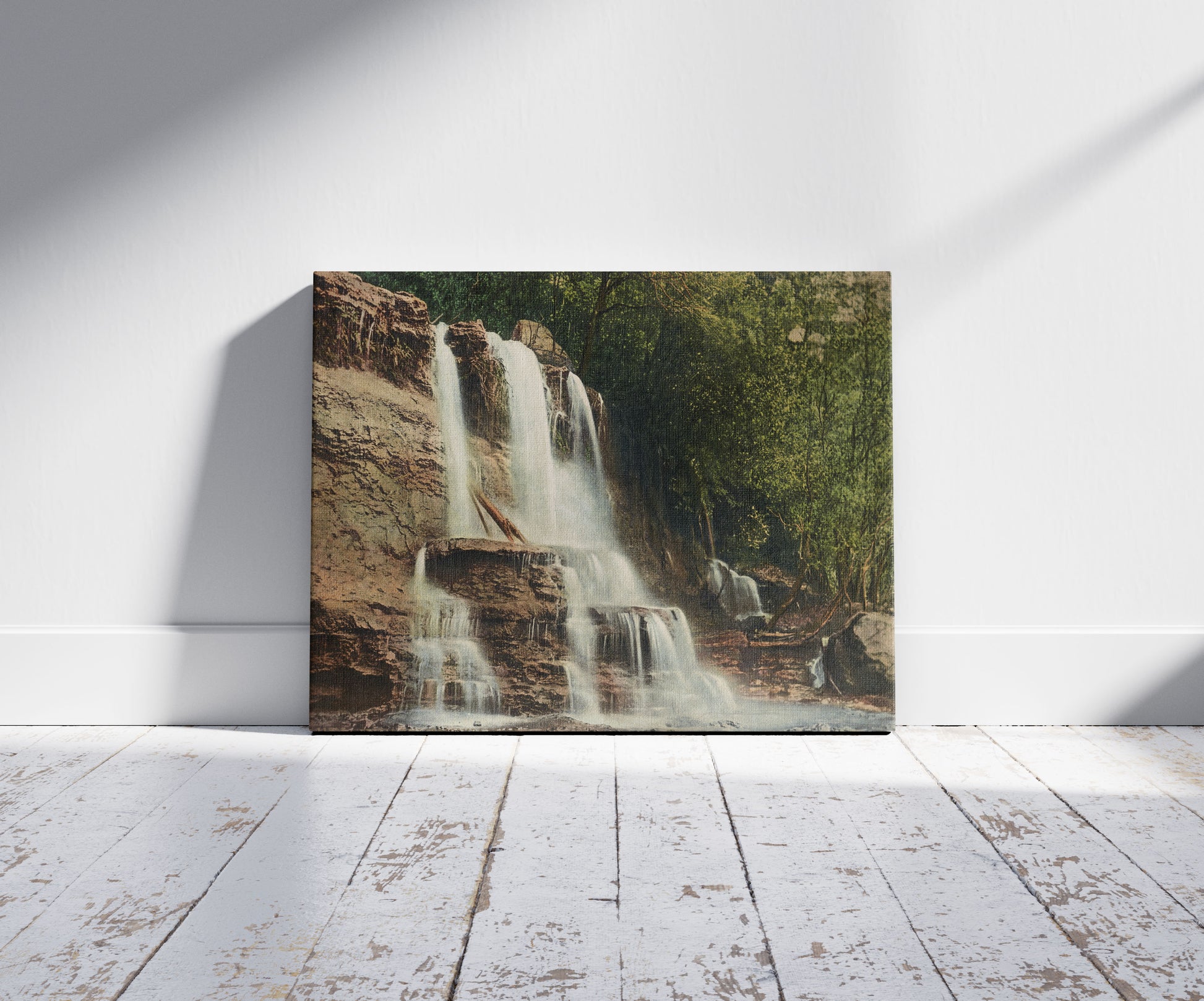 A picture of Bridal Veil, Katoomba Falls, a mockup of the print leaning against a wall