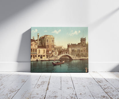 A picture of Bridge and canal, Venice, Italy, a mockup of the print leaning against a wall