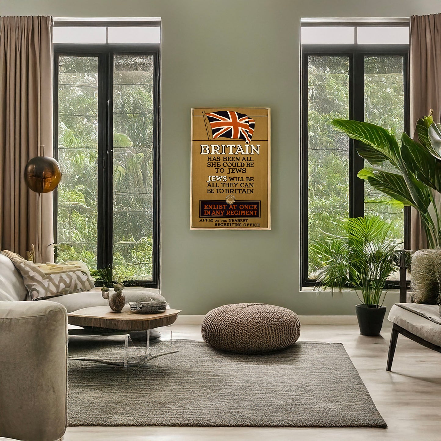 A picture of Britain has been all she could be to Jews. Jews will be all they can be to Britain. Enlist at once in any regiment. Apply at the nearest recruiting office, a mockup of the print leaning against a wall