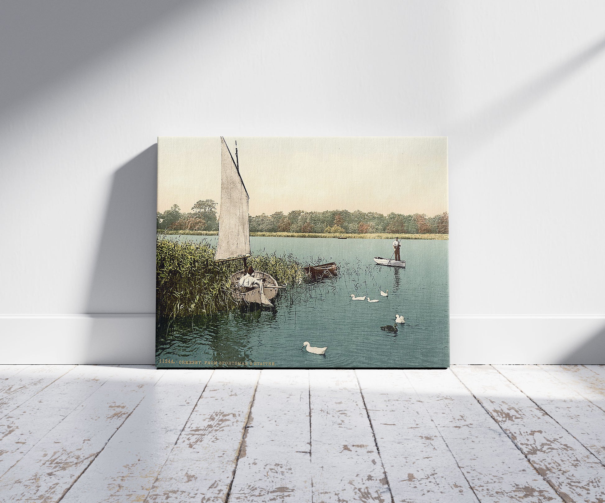 A picture of Broad, Ormesby, England, a mockup of the print leaning against a wall