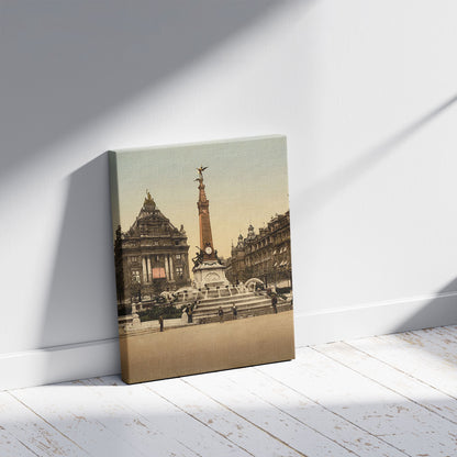 A picture of Brouckere Place and Anspach Monument, Brussels, Belgium, a mockup of the print leaning against a wall