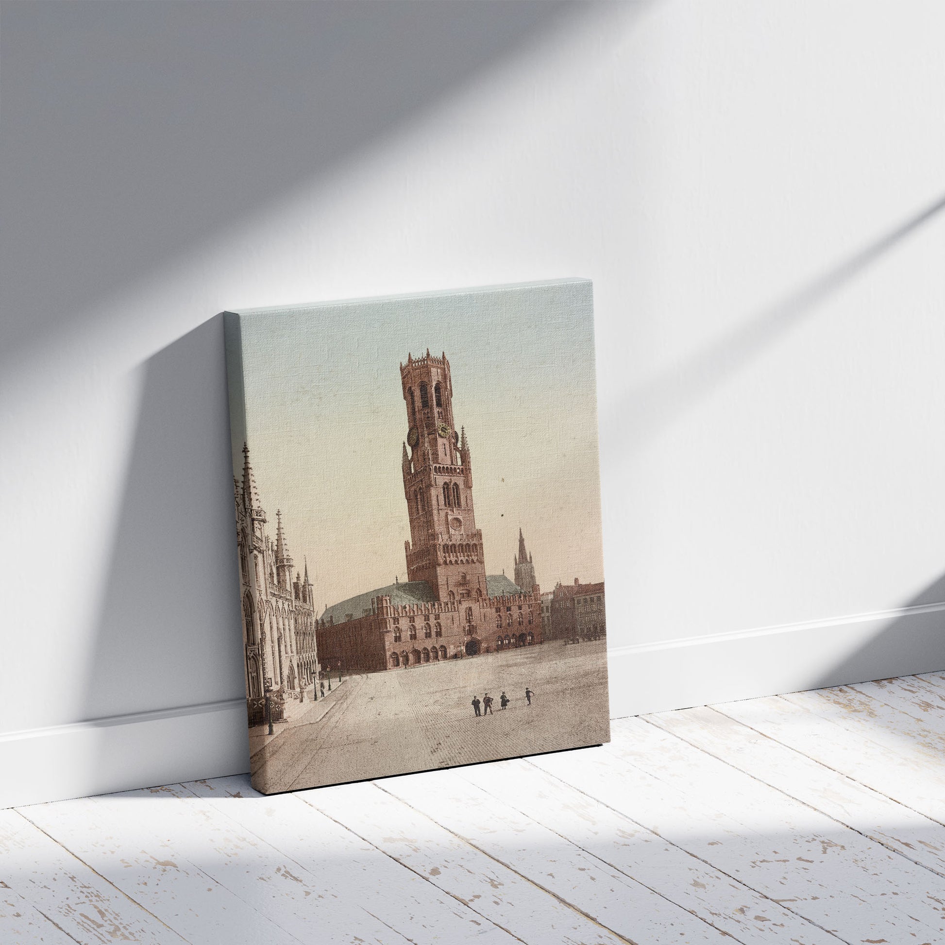 A picture of Bruges. Grande Place Beffroi, a mockup of the print leaning against a wall