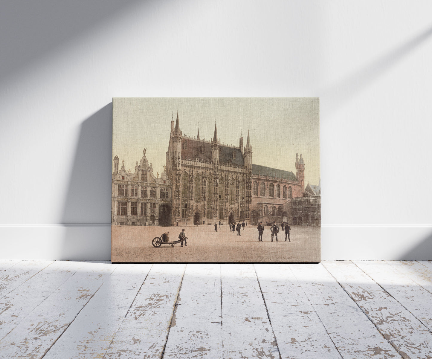 A picture of Bruges. Hôtel de Ville. Chapelle du St. Sang et la Justice de Paix, a mockup of the print leaning against a wall