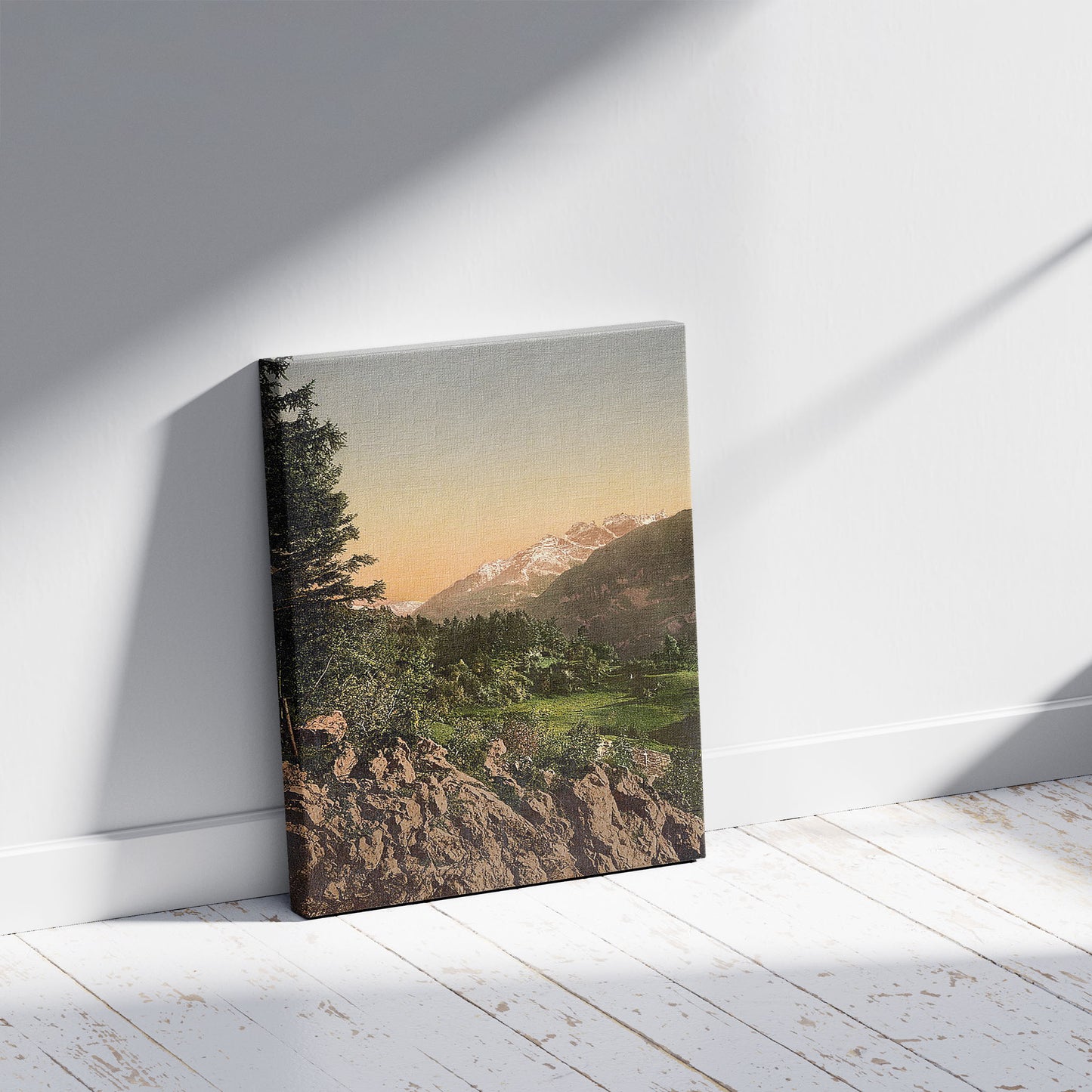 A picture of Brunig, Bernese Oberland, Switzerland, a mockup of the print leaning against a wall