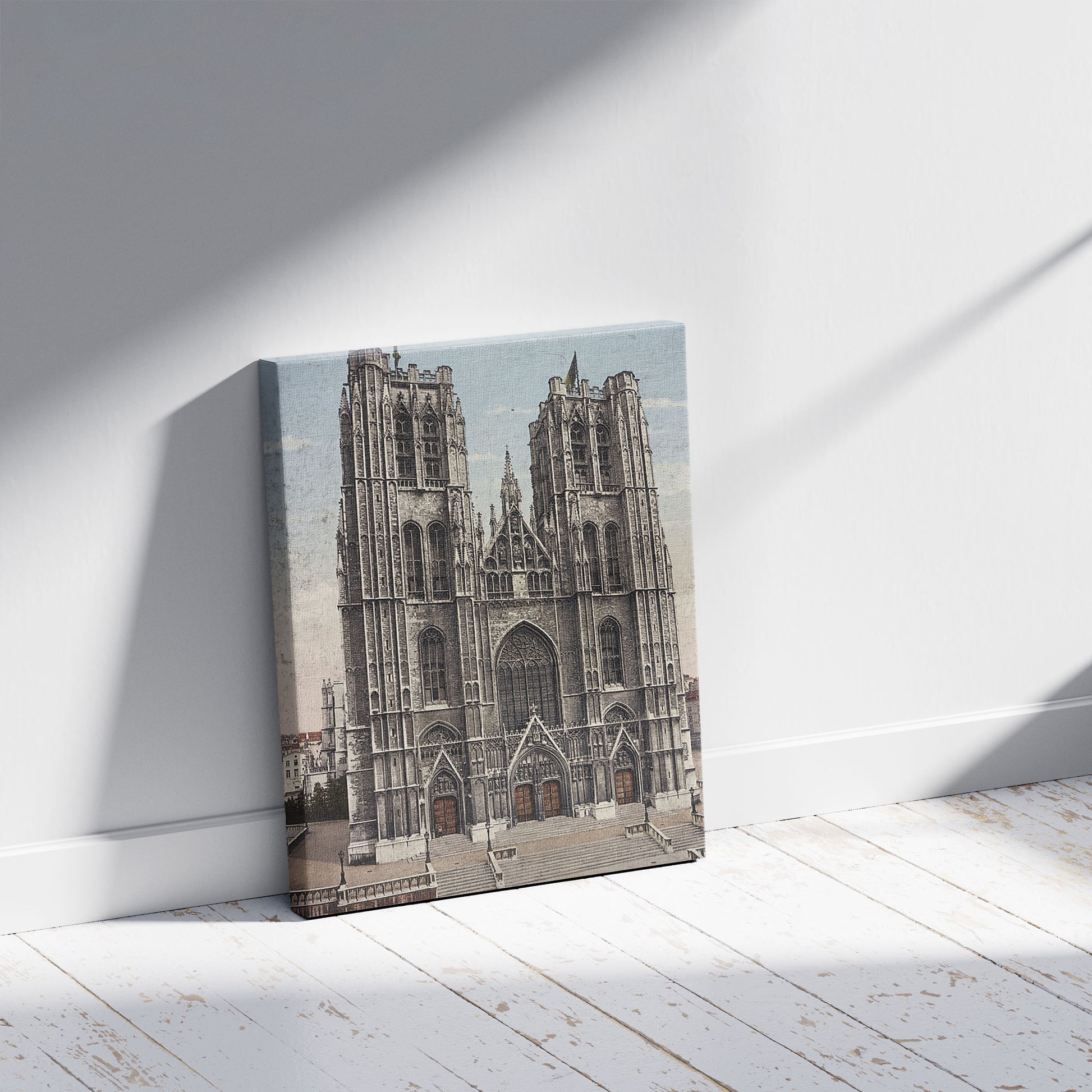 A picture of Bruxelles. L'Eglise St. Gudule, a mockup of the print leaning against a wall