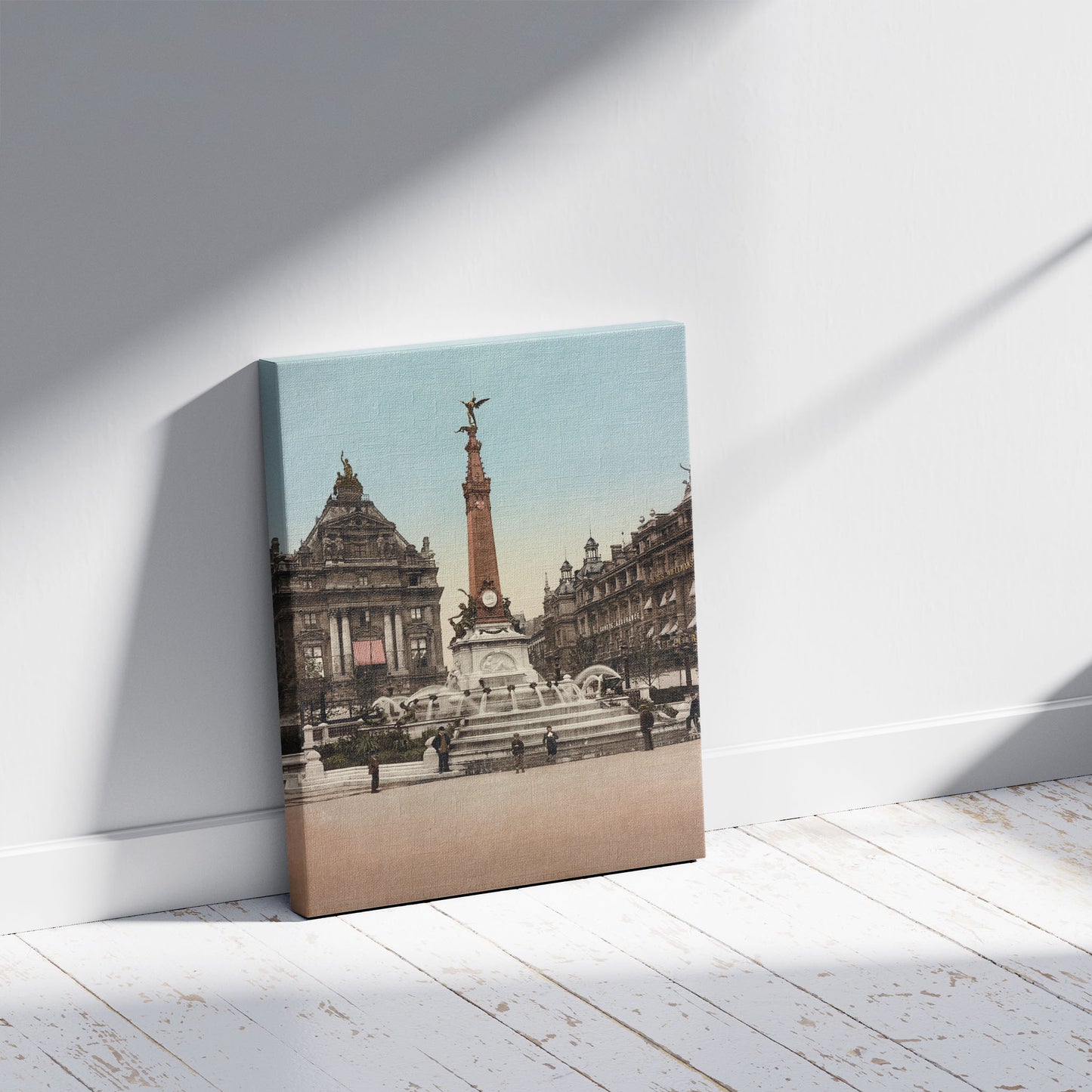 A picture of Bruxelles. Place de Brouckère et Monument Anspach, a mockup of the print leaning against a wall