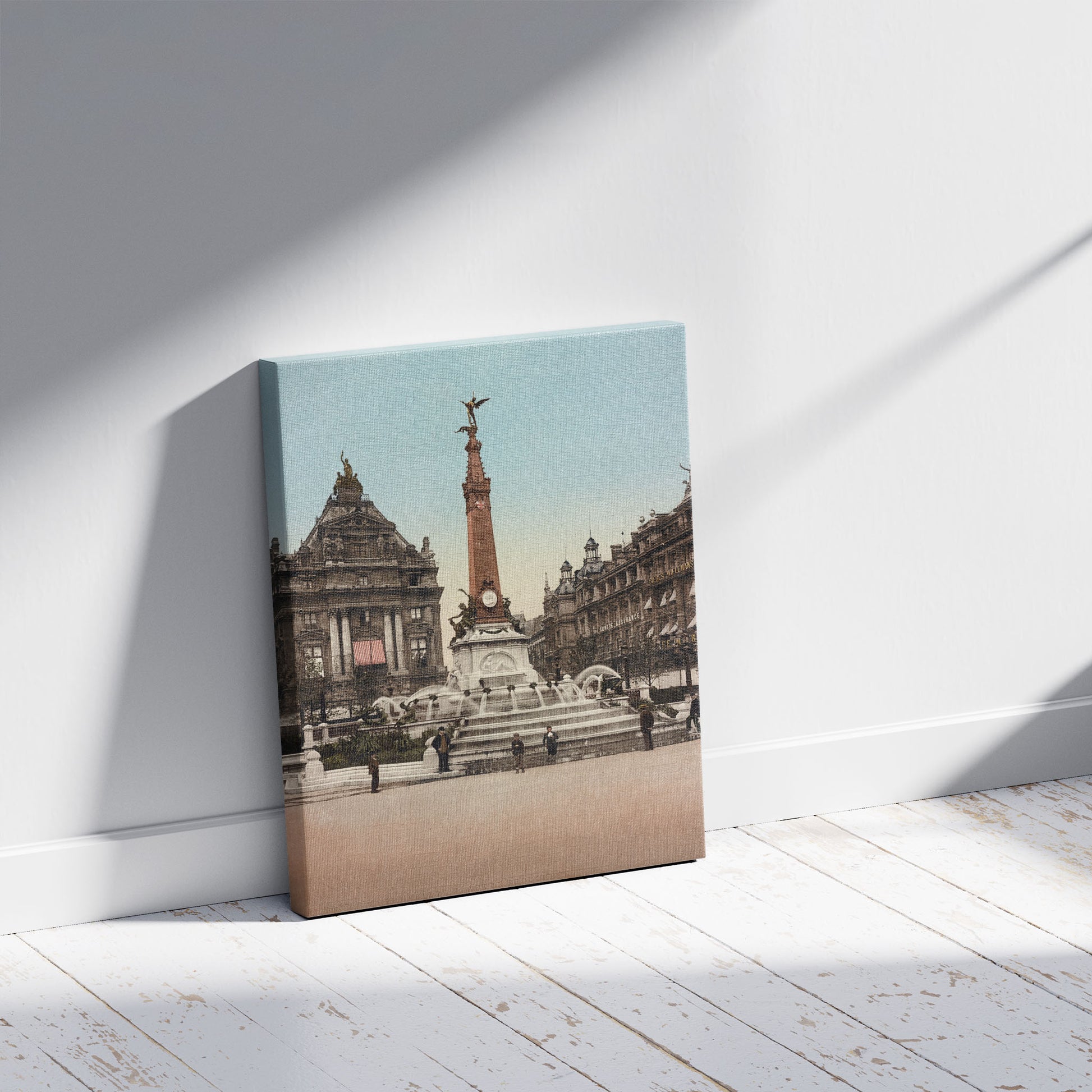 A picture of Bruxelles. Place de Brouckère et Monument Anspach, a mockup of the print leaning against a wall