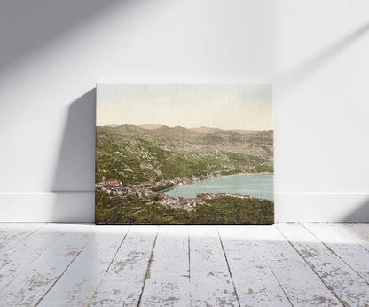 A picture of Bucarri (i.e., Buccari), from the west, Croatia, Austro-Hungary, a mockup of the print leaning against a wall