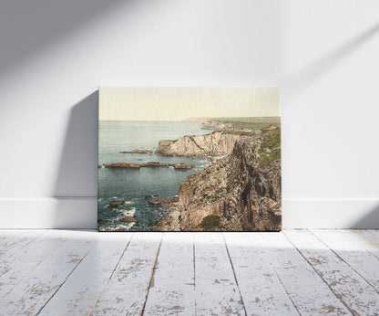 A picture of Bude, the coast looking N.E., Cornwall, England, a mockup of the print leaning against a wall