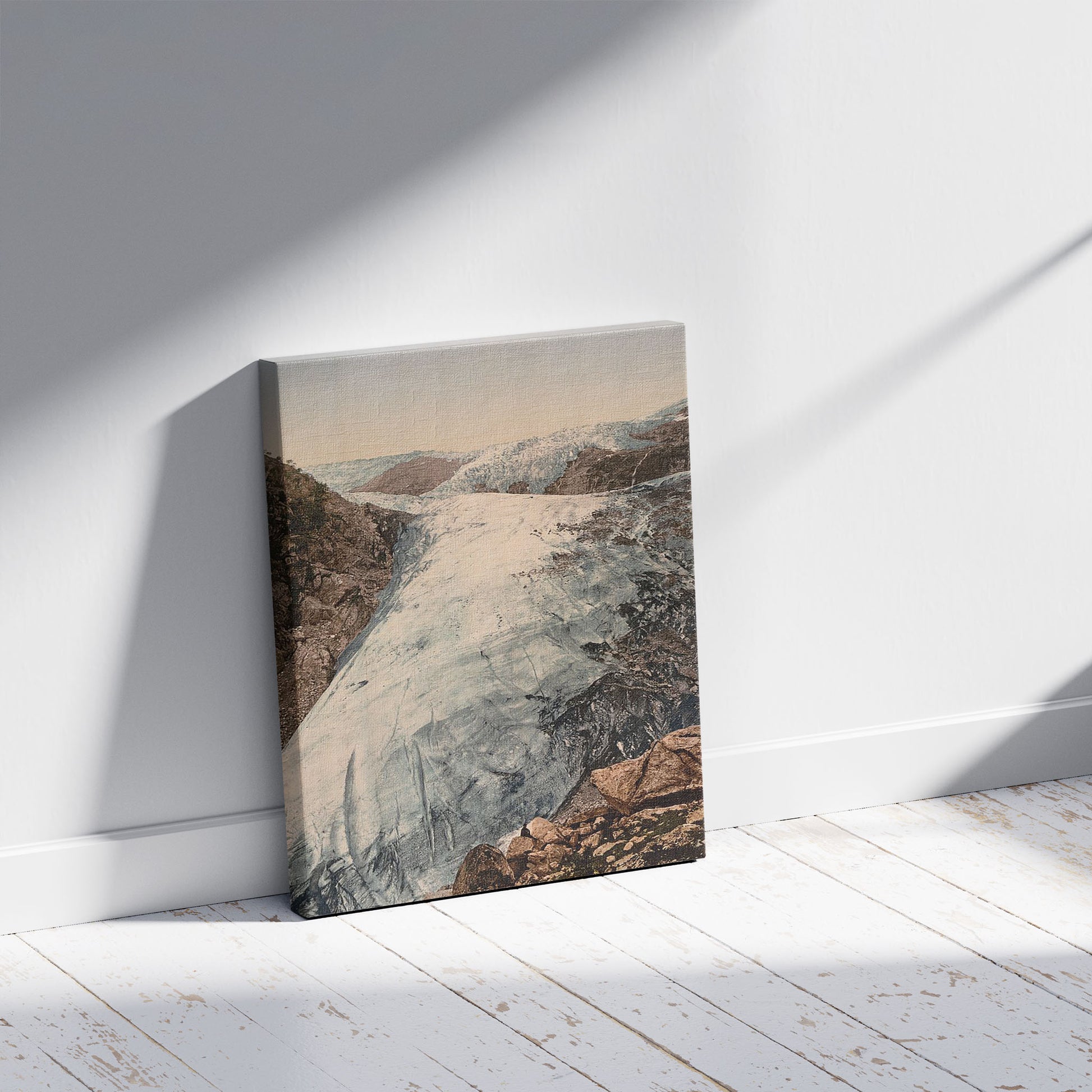 A picture of Buerbrae (i.e., Buarbreen) Glacier, Odde (i.e. Odda), Hardanger Fjord, Norway, a mockup of the print leaning against a wall