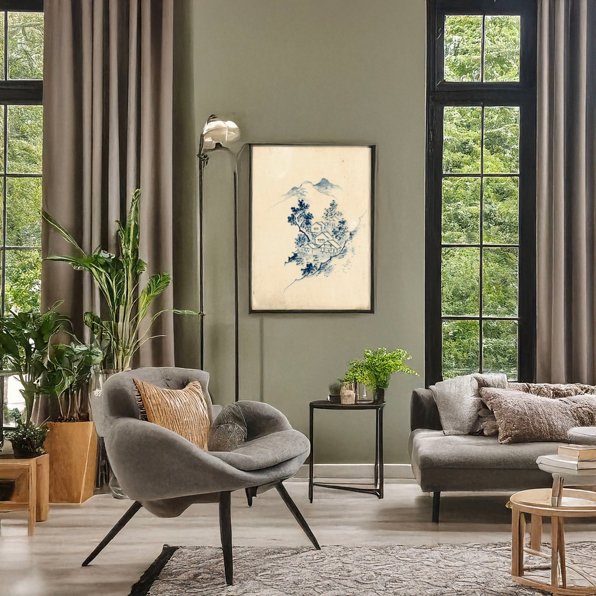 A picture of Buildings nestled among trees in a mountain valley, a mockup of the print leaning against a wall