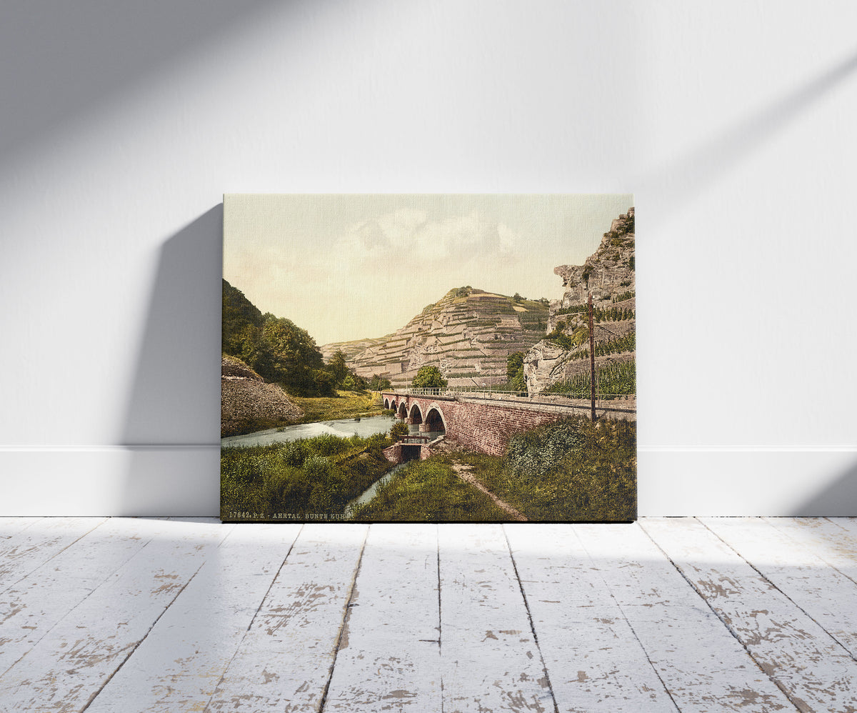 A picture of Bunte Kuh, Ahrthal (i.e., Ahrtal), the Rhine, Germany, a mockup of the print leaning against a wall