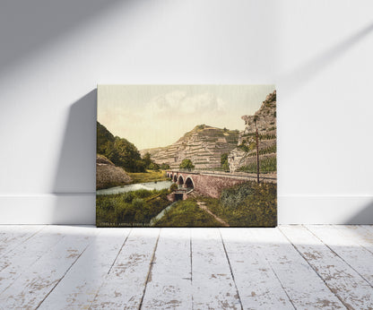 A picture of Bunte Kuh, Ahrthal (i.e., Ahrtal), the Rhine, Germany, a mockup of the print leaning against a wall
