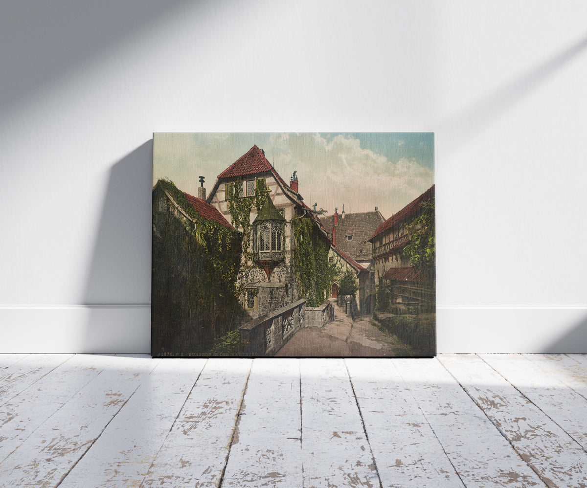 A picture of Burghof in der Wartburg, a mockup of the print leaning against a wall
