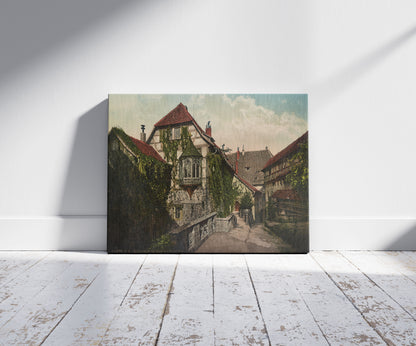 A picture of Burghof in der Wartburg, a mockup of the print leaning against a wall