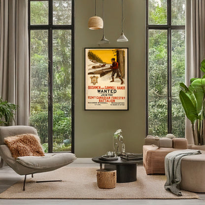A picture of Bushmen and sawmill hands wanted. Join the 224th Canadian Forestry Battalion, a mockup of the print leaning against a wall