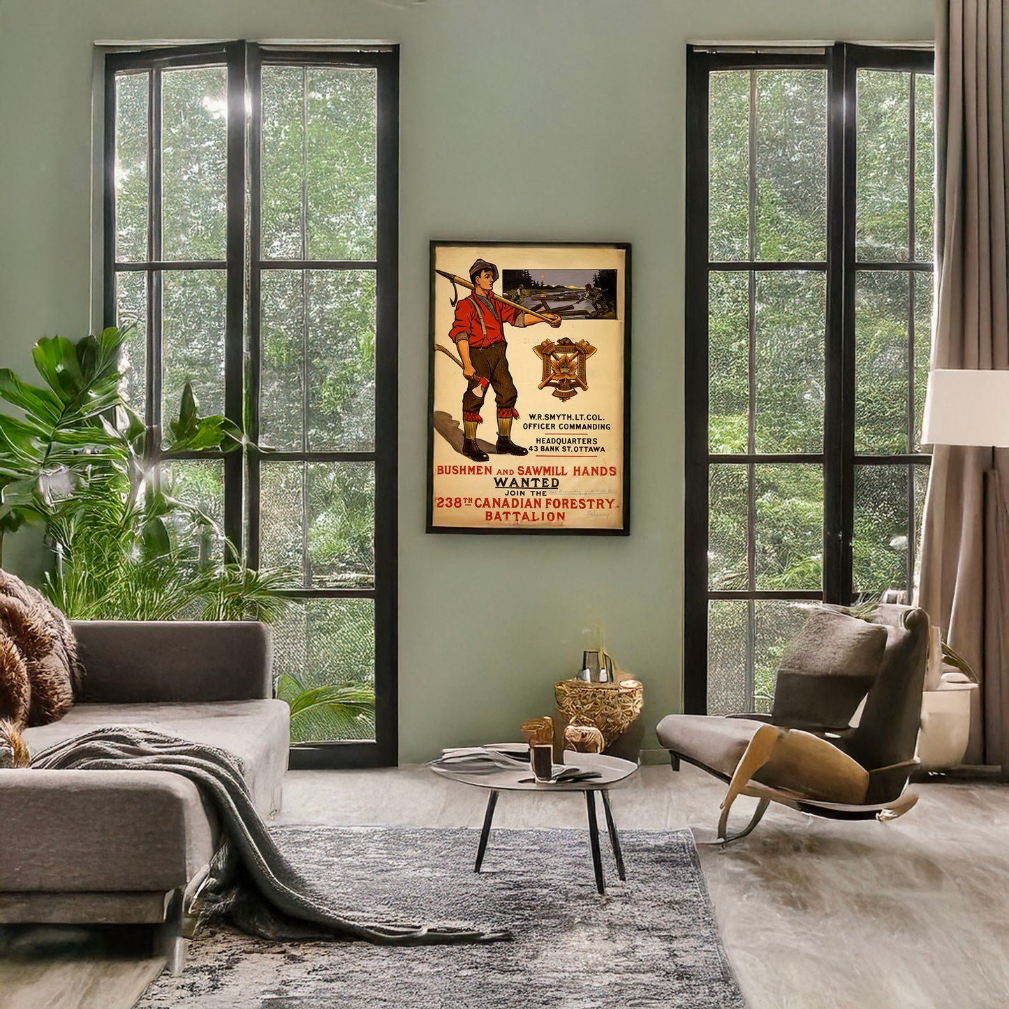 A picture of Bushmen and sawmill hands wanted. Join the 238th Canadian Forestry Battalion, a mockup of the print leaning against a wall