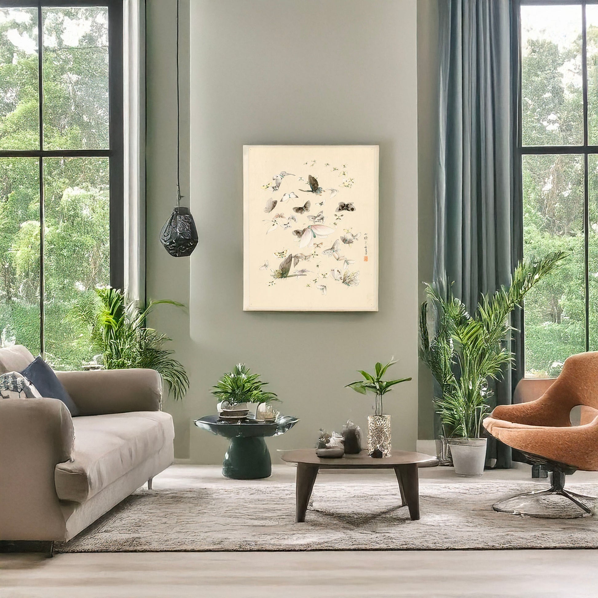 A picture of Butterflies and moths, a mockup of the print leaning against a wall