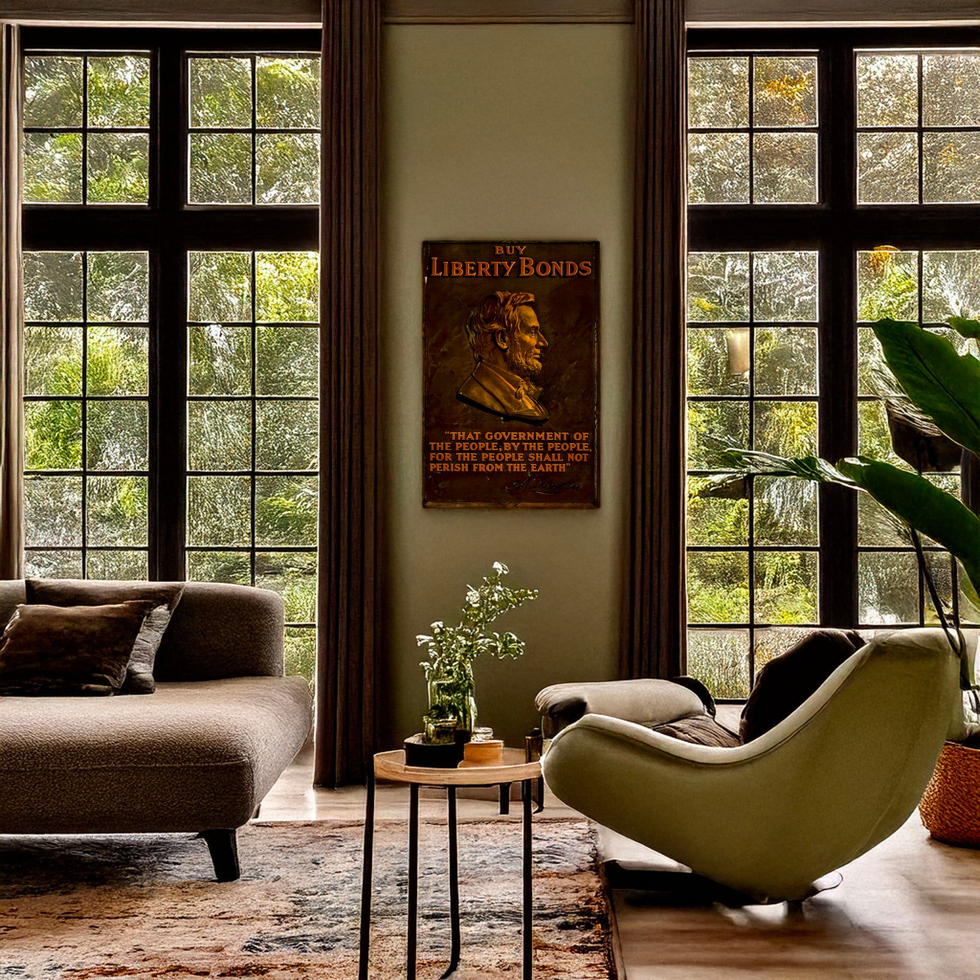 A picture of Buy Liberty Bonds, a mockup of the print leaning against a wall