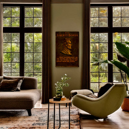 A picture of Buy Liberty Bonds, a mockup of the print leaning against a wall