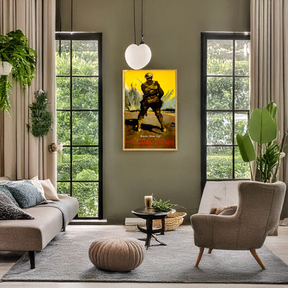 A picture of Buy Victory Bonds. Back him up!, a mockup of the print leaning against a wall