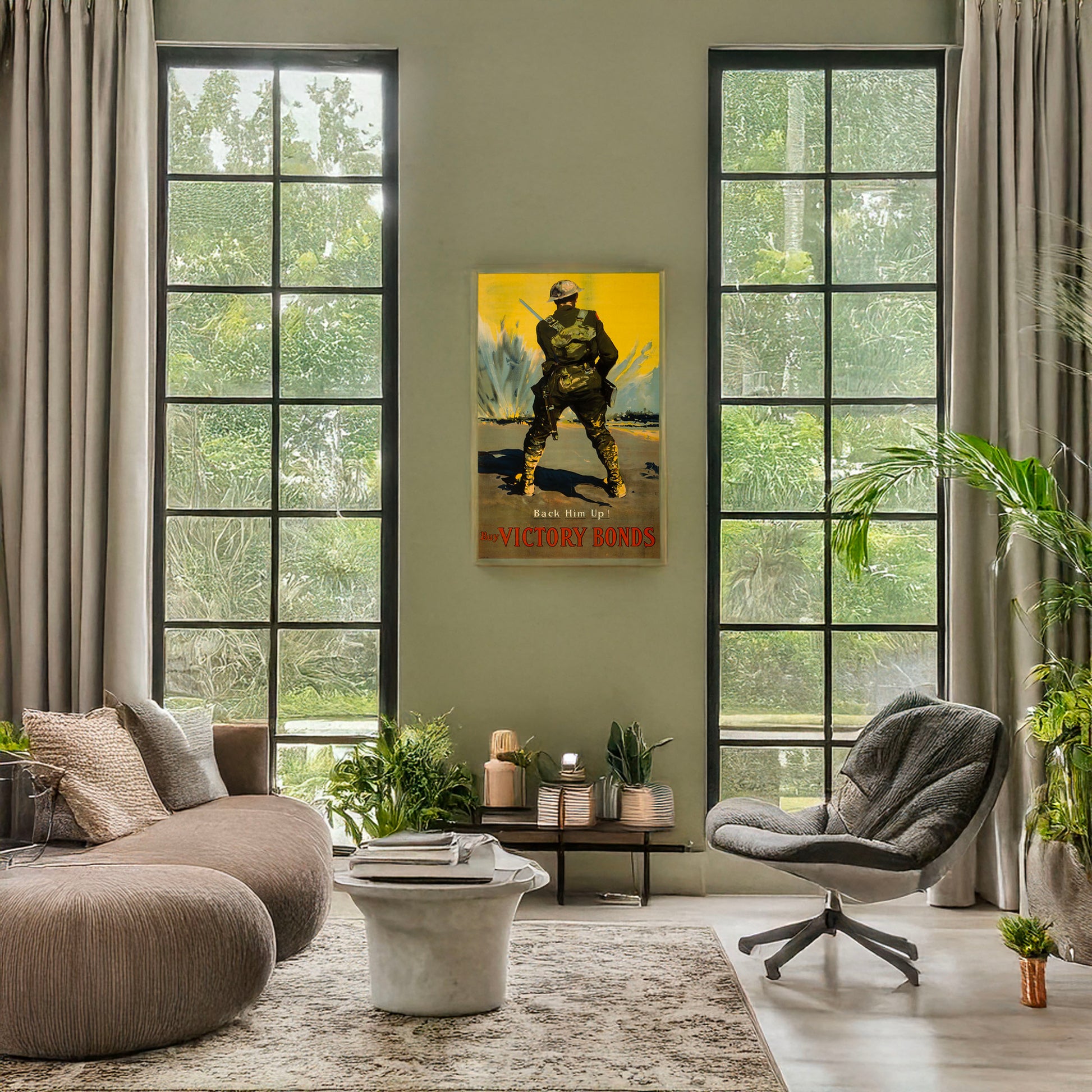 A picture of Buy Victory Bonds. Back him up!, a mockup of the print leaning against a wall