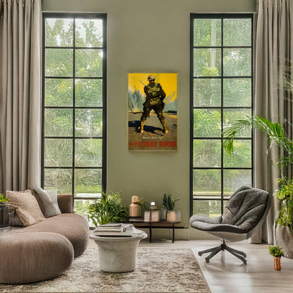 A picture of Buy Victory Bonds. Back him up!, a mockup of the print leaning against a wall