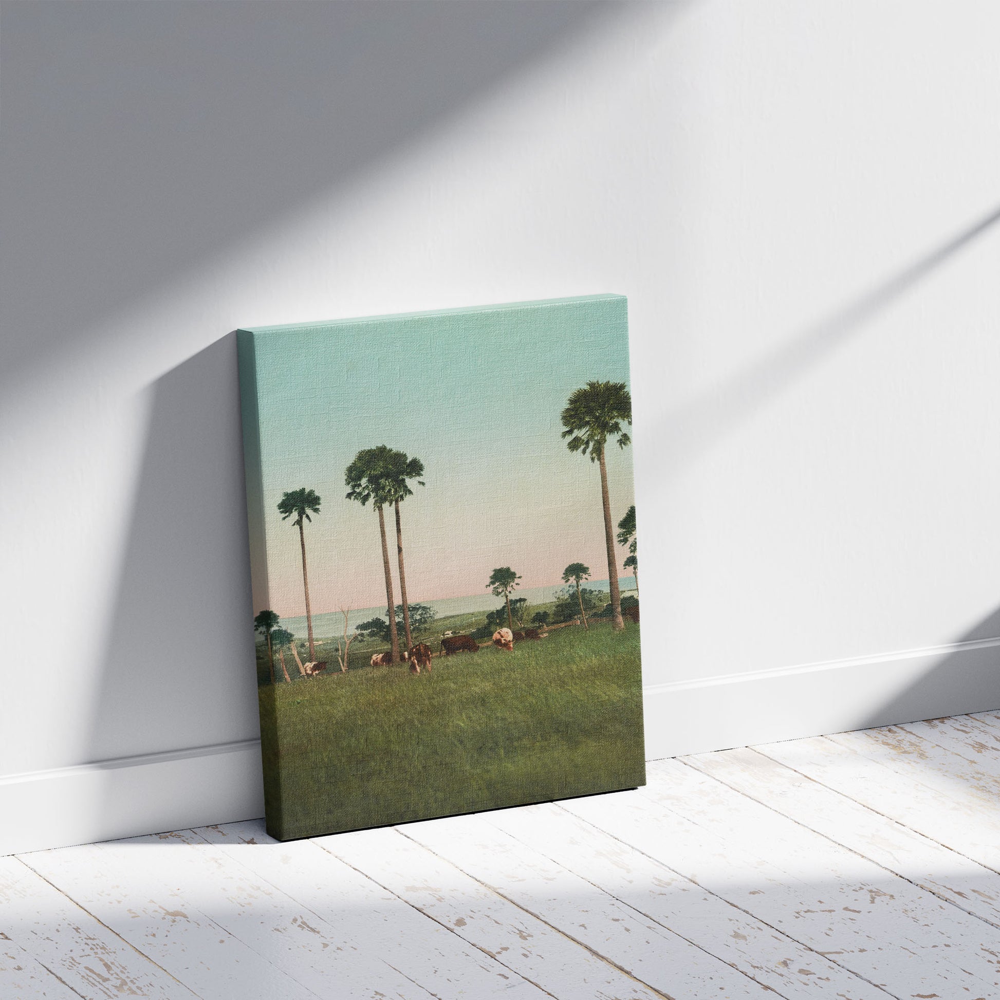 A picture of Cabbage palms in the Illawarra District, a mockup of the print leaning against a wall