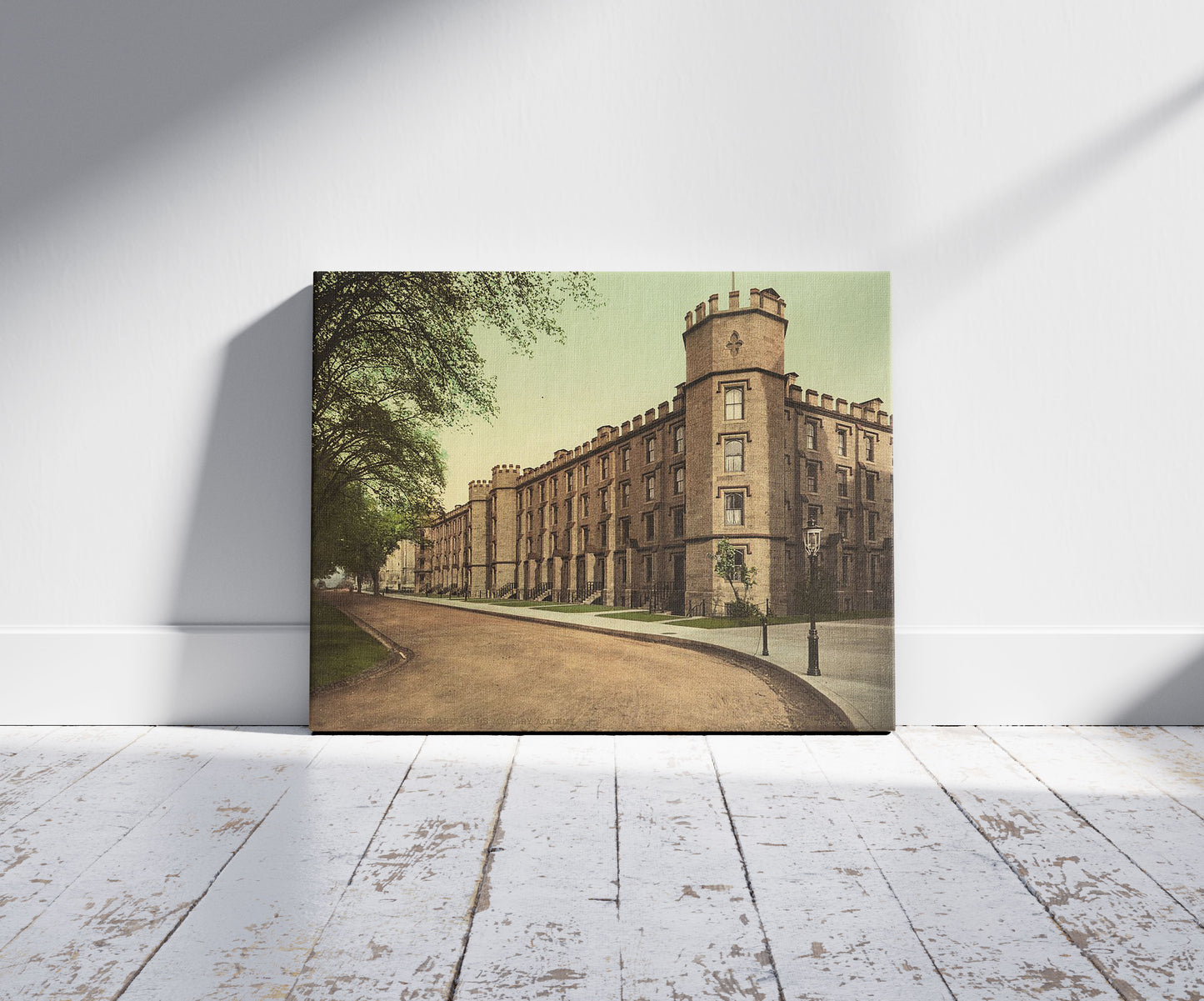 A picture of Cadets' quarters, U.S. Military Academy, a mockup of the print leaning against a wall