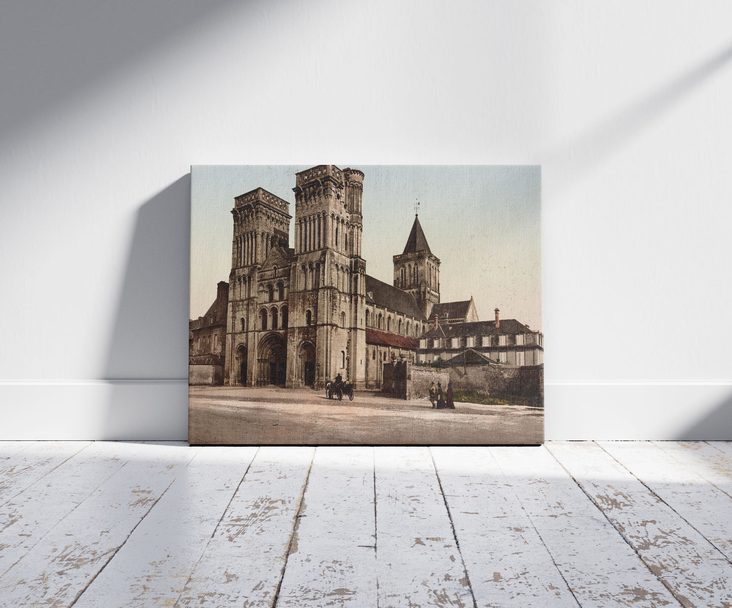 A picture of Caen. Abbaye aux Dames, a mockup of the print leaning against a wall