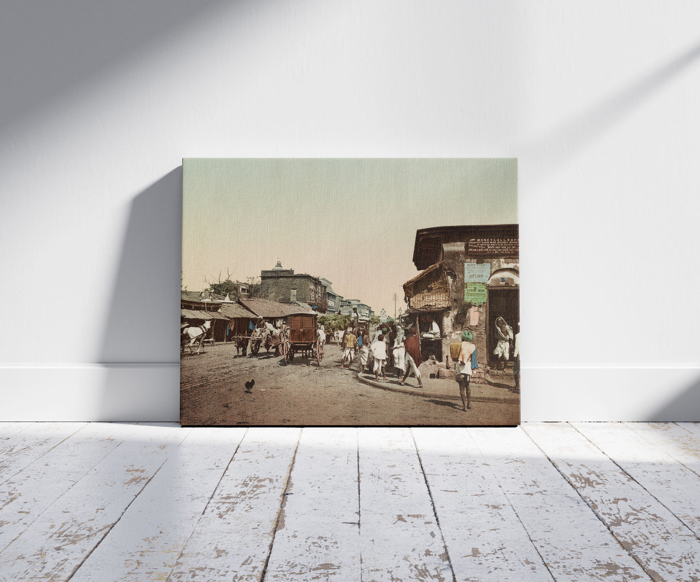 A picture of Calcutta. Upper Chitpore Road, a mockup of the print leaning against a wall