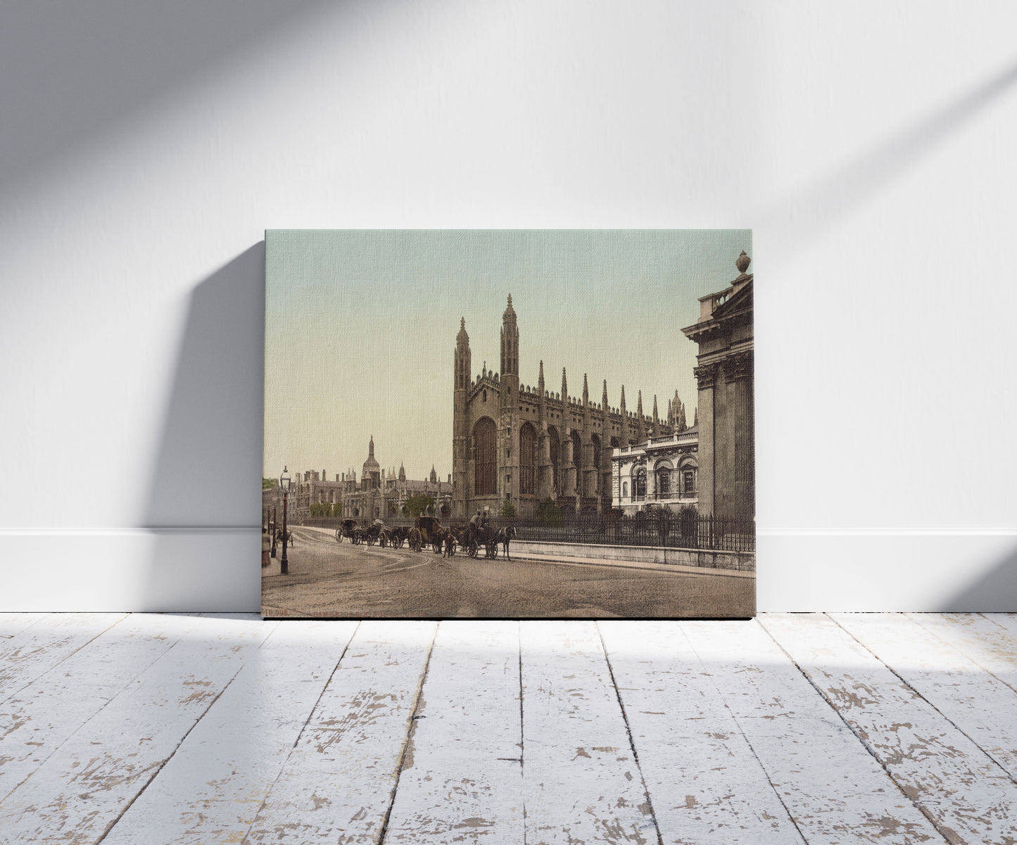 A picture of Cambridge, England: Kings College, a mockup of the print leaning against a wall