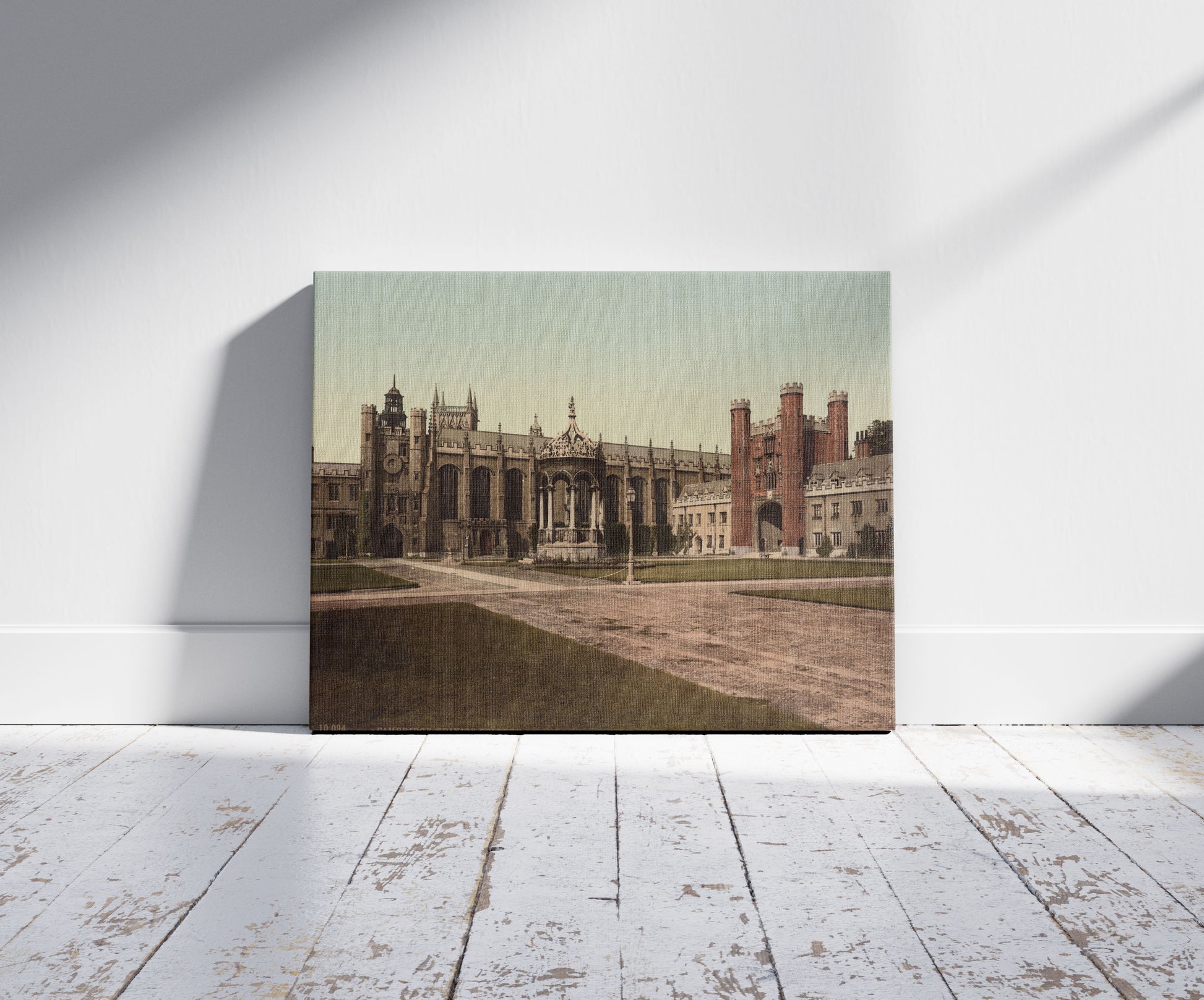 A picture of Cambridge, England: Trinity College, a mockup of the print leaning against a wall